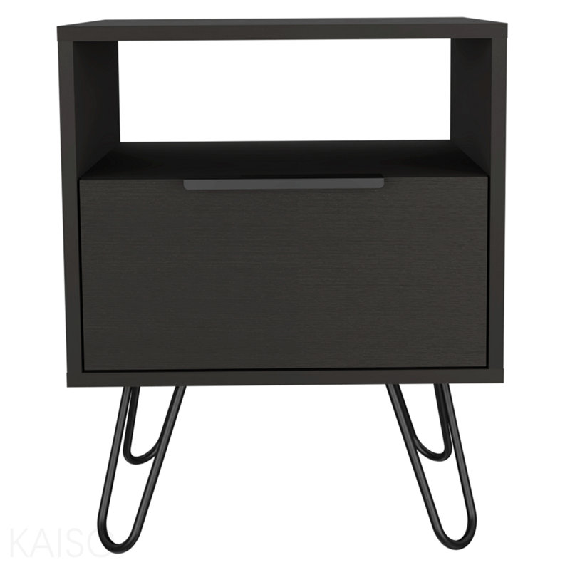 Table de chevet noire, table de bout avec armoire à porte simple et pieds en épingle à cheveux
