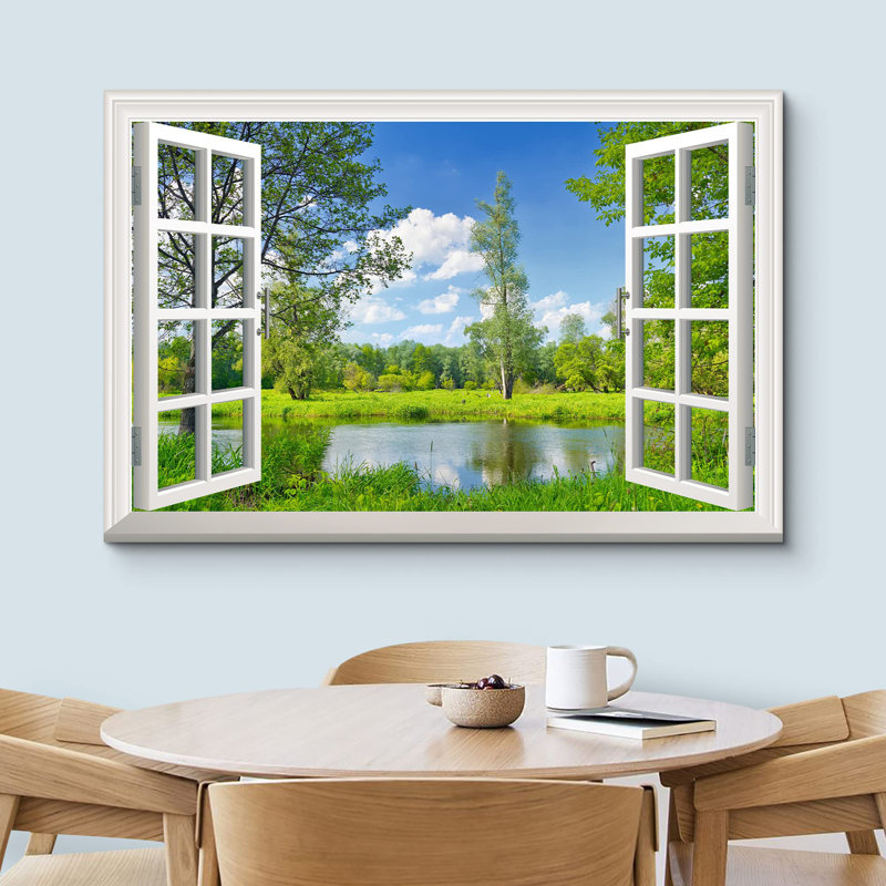 Fenêtre de paysage «Vue de fenêtre sur le lac dans la forêt, images de nature rustique, détente, calme et ultra» sur