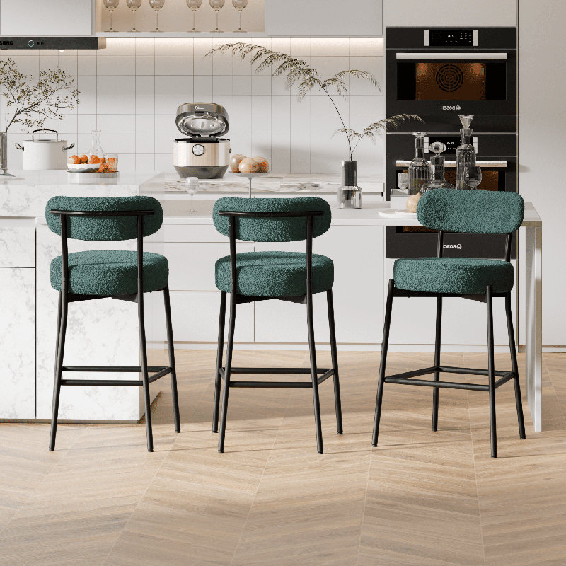 Sherpa Counter Height Bar Stools Set of 3 Modern Upholstered Barstools with Curved Open Back/Round Seat Boucle Comfortable Bar Chairs for Kitchen Island, 24.6 Inch