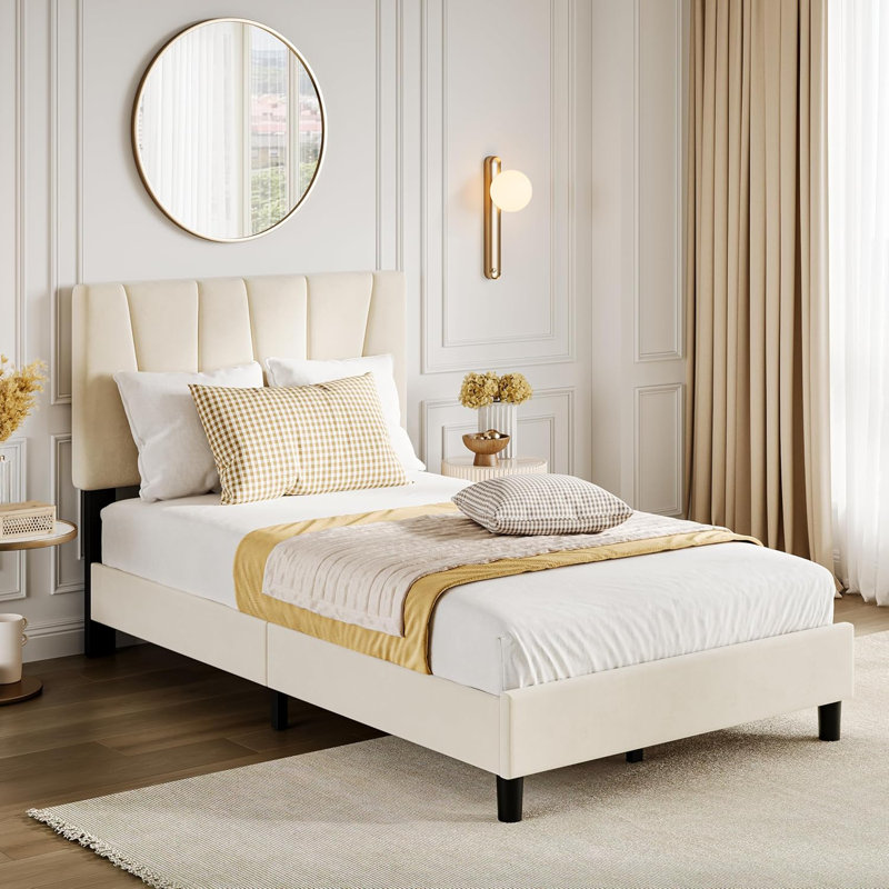 Cadre de lit avec tête de lit réglable, lit plateforme tapissier en lin avec tête de lit, Lit double, Beige