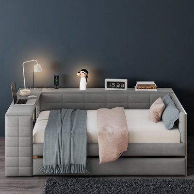 Lit plateforme multifonctionnel avec station de travail USB et lit gigogne escamotable