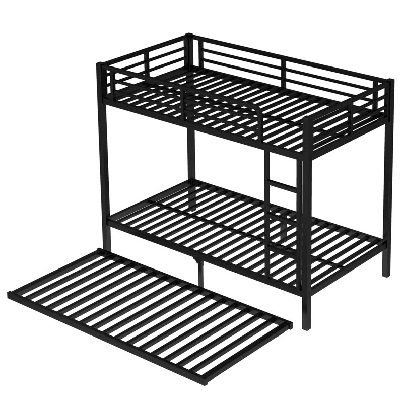 Metal Bunk Bed with Trundle, Black, Twin XL Over Twin XL