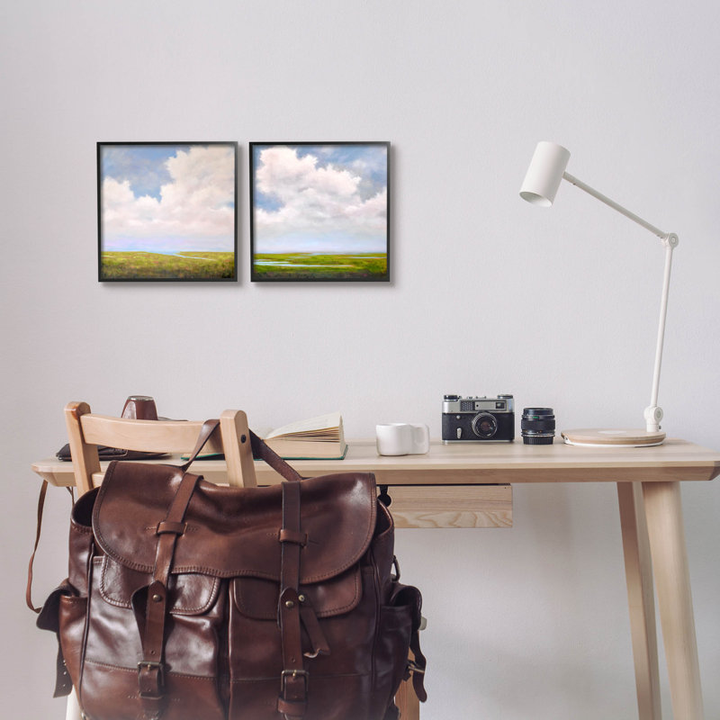 «Panoramic Clouds over Bay» par Catherine Andersen - Ensemble de 2 peintures sur bois, Giclée encadrée noir minuit