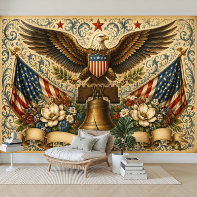 Papier peint adhésif autocollant Patriotic American Liberty Bell Flags Stars Floral Accents