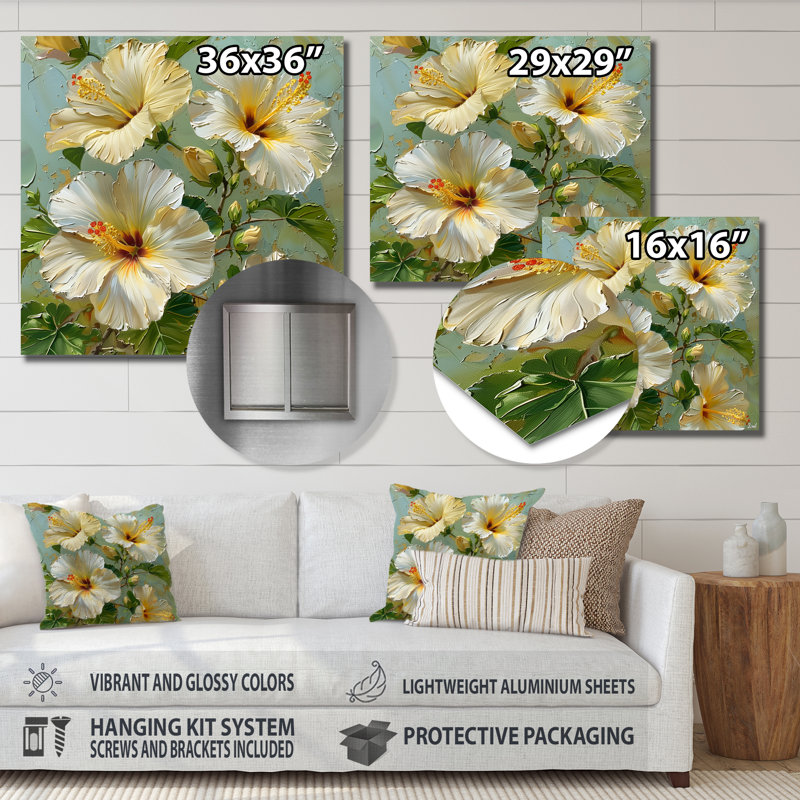 Hibiscus blanc et vert, Métal métal, H 16 po x l 16 po x P 1 po