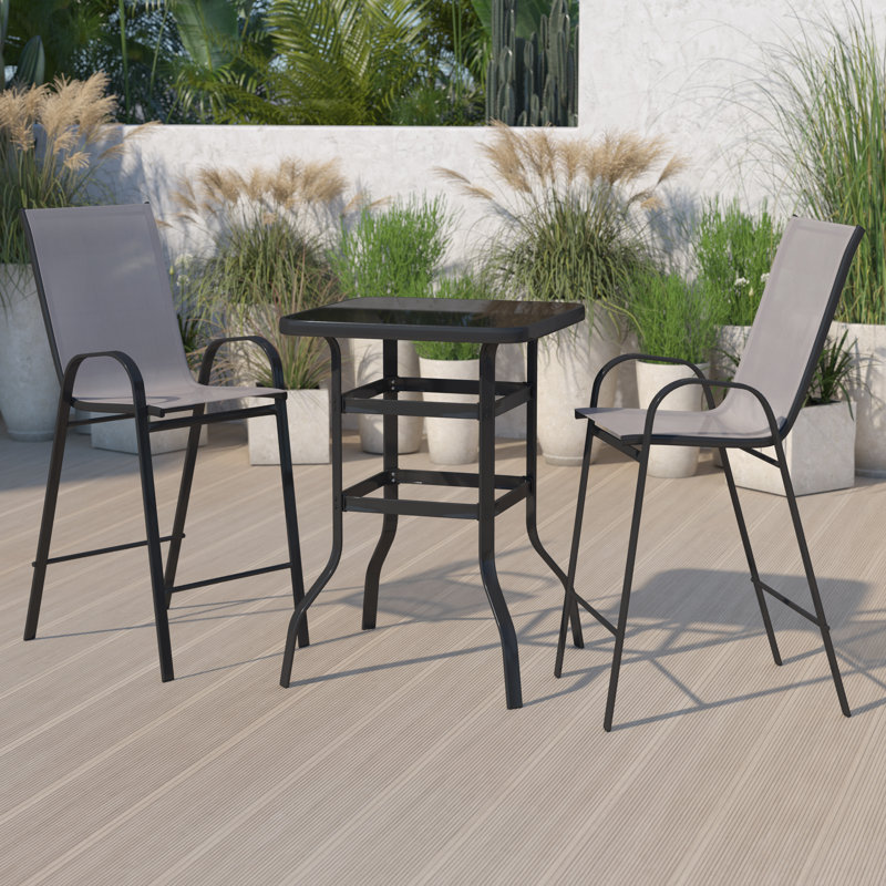 Advika 3 Piece Outdoor Bar Height Set with Glass Patio Bar Table and All-Weather Barstools, Gray