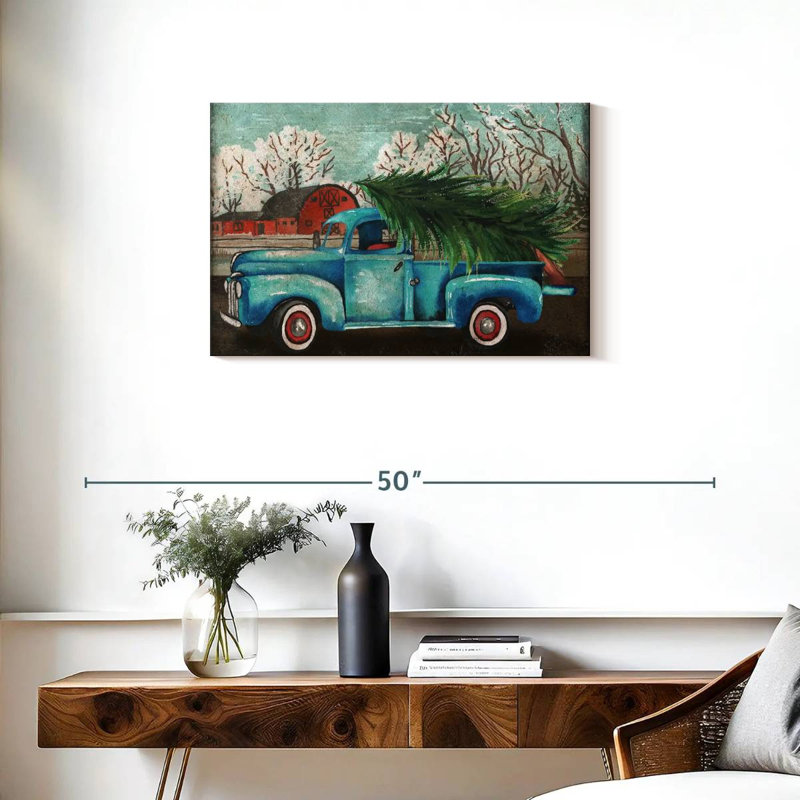 Camion bleu Mehar et arbre I, H 20 po x l 30 po