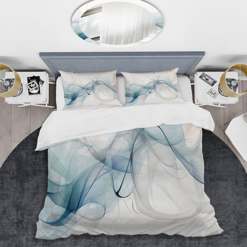 Calligraphie abstraite blanche et grise - ensemble de housse de couette en lin - microfibre de polyester