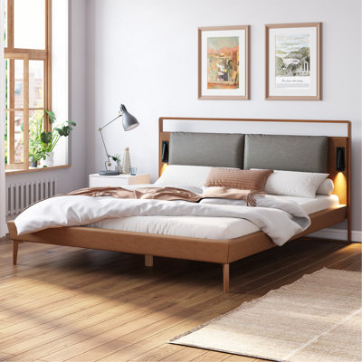 Lit double en cuir brun et gris avec veilleuses 2 pièces
