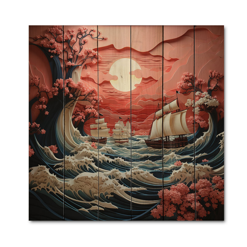 «Japon Coral Waves Papercut I» sur impression sur bois, H 30 po x l 30 po x P 0,78 po