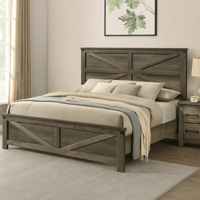 Très grand lit Bry avec tête de lit à chevrons, structure en bois gris rustique