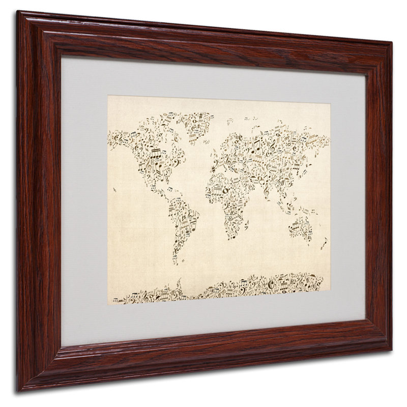 « world map-music notes », impression encadrée, 11 po x 14 po, Brun - Biseautée