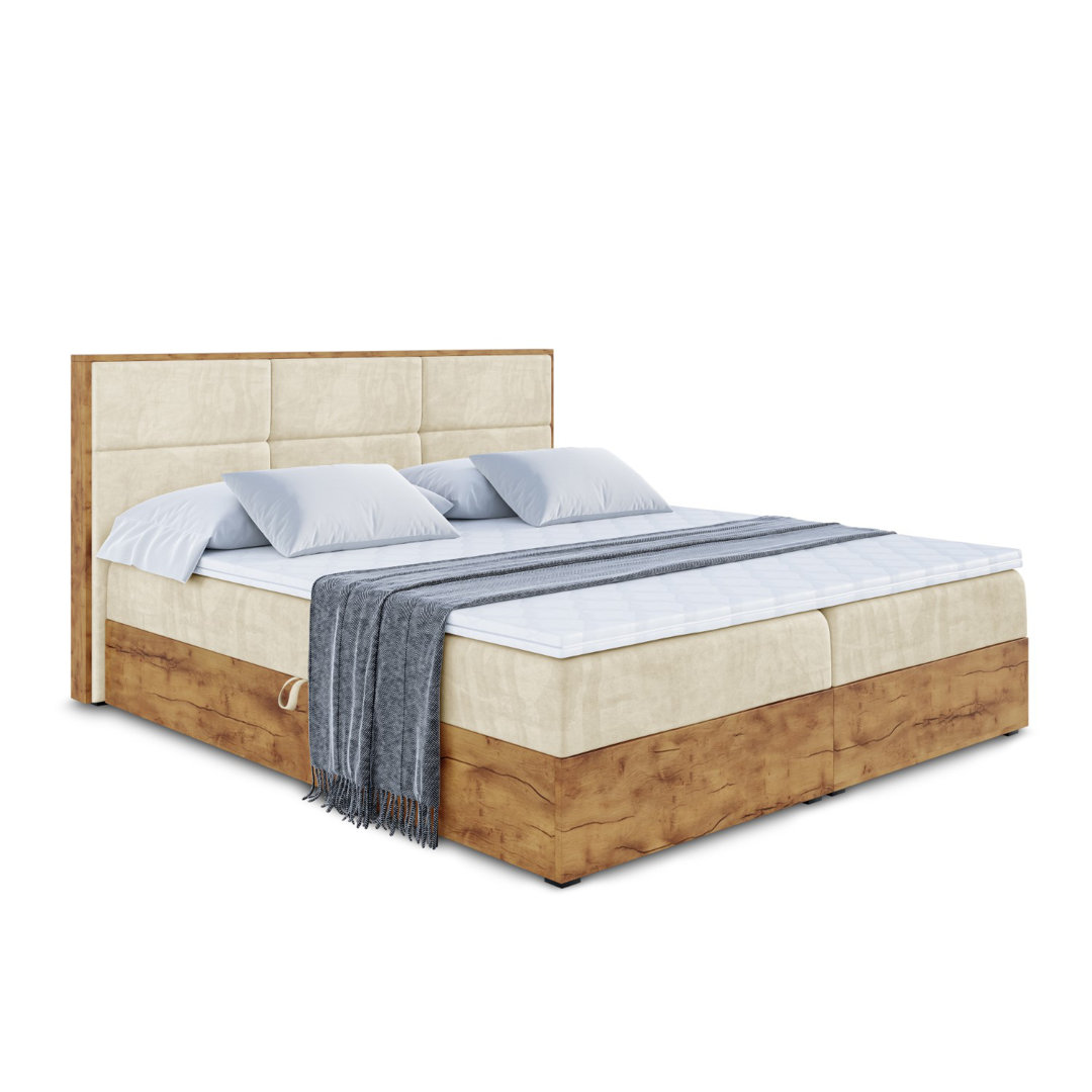 Boxspringbett in Holzoptik mit H3 Bonell-Federkernmatratze, Topper und Bettkasten