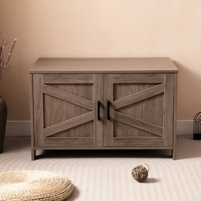 Greige Cat Litter Box Enclosure, Barn Door Design, House And End Table , Fits Most Boxes, Comfortable Pet Space, Fashionable Style, Waterproof For Eff