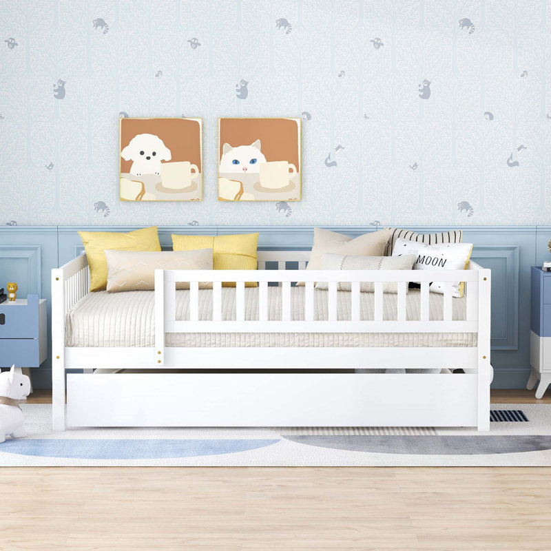 Wood Daybed with Trundle and Fence Guardrails, White, Full