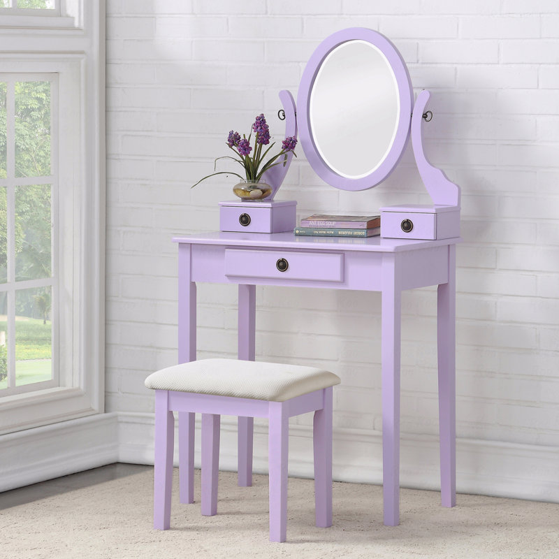 Table de coiffeuse et tabouret de maquillage mauve avec 3 tiroirs de rangement, Violet