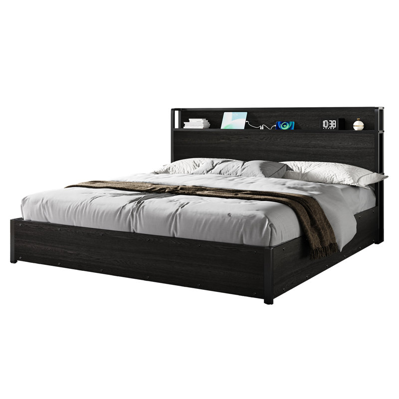 King Size Black MDF Lift Up Storage Bed Frame with Charging Station