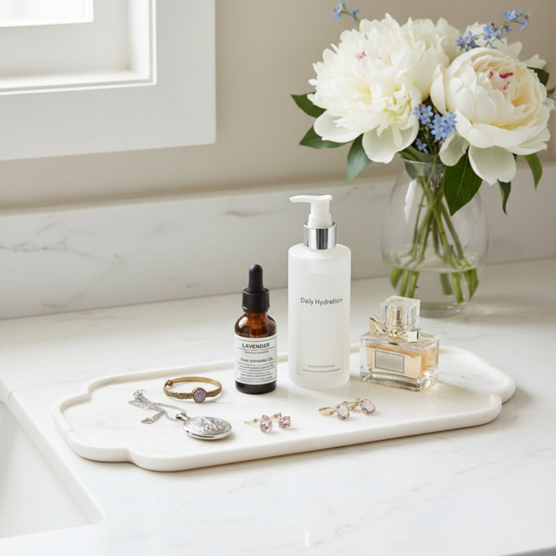 15.7" Scalloped Edge Caracatta Gold Marble Tray, Natural Stone Tray with Anti-Slip, Decorative Storage Tray for Jewelry, SkinCare, Candles, Perfume and Home Decor