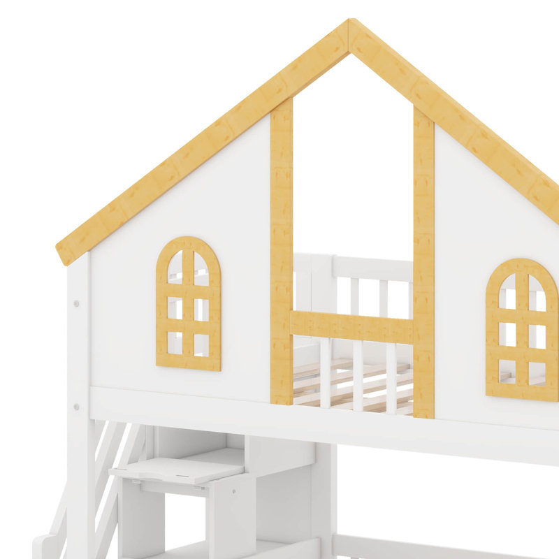 Lit superposé House avec escalier et lit gigogne, structure de lit superposé en bois massif avec rangement, Lit double