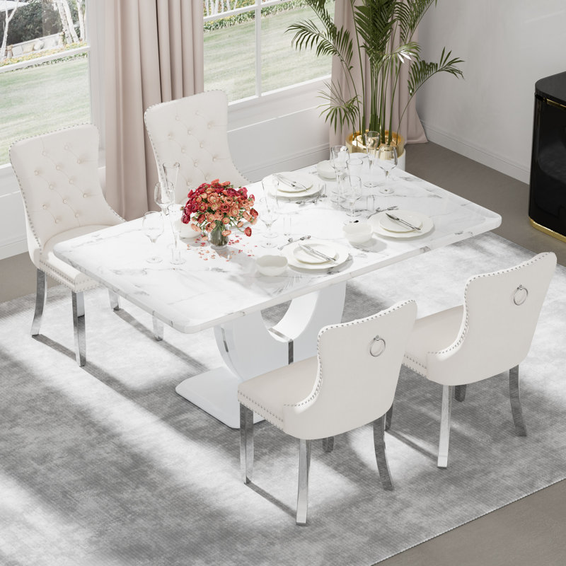 Ensemble de table de salle à manger rectangulaire, 5, Beige, Blanc / argenté