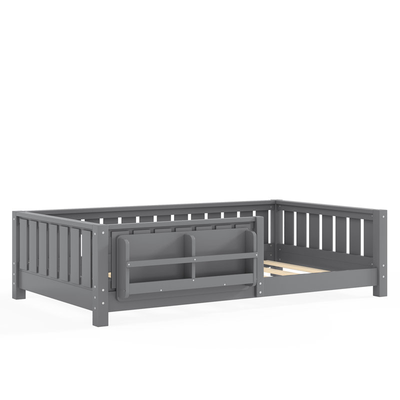 Lit double pour enfants avec clôture et bibliothèque intégrée, lit double Montessori avec lattes et barrière de sécurité, lits Montessori faciles à assembler pour enfants, gris