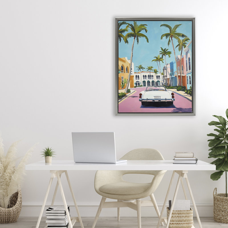 Cadre flottant voiture tropicale classique, design par Franklyn Gregory, H 31 po x l 25 po, Cadre flottant gris lustré