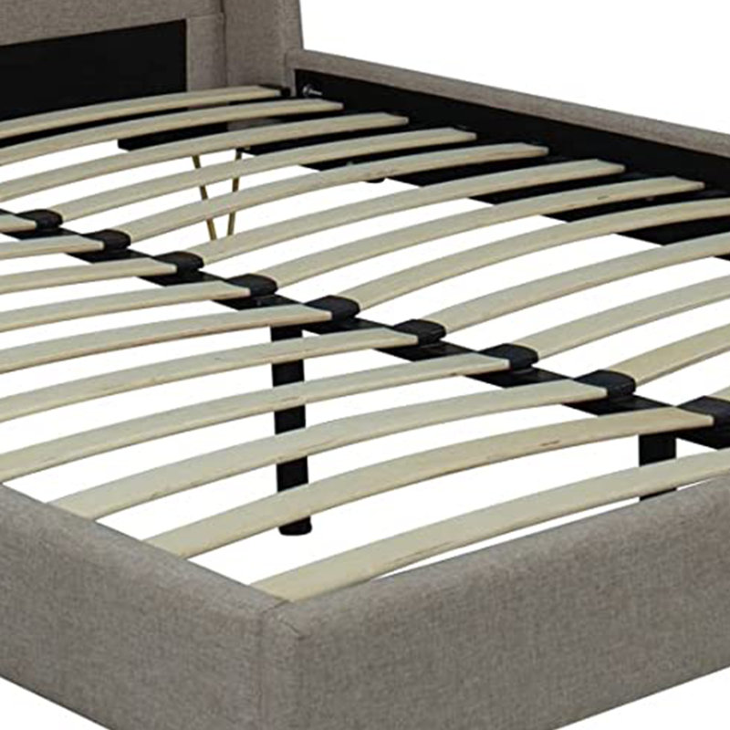 Structure de lit rembourrée avec pieds en laiton inclinés, facile à assembler, tête de lit en tissu, élégante et confortable