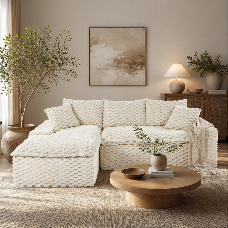 Canapé polyvalent en velours blanc tortue: siège convertible à deux places avec méridienne gauche (inclinable à gauche pour plus de confort), avec sièges en face à face, permutable entre la forme en L et la droite