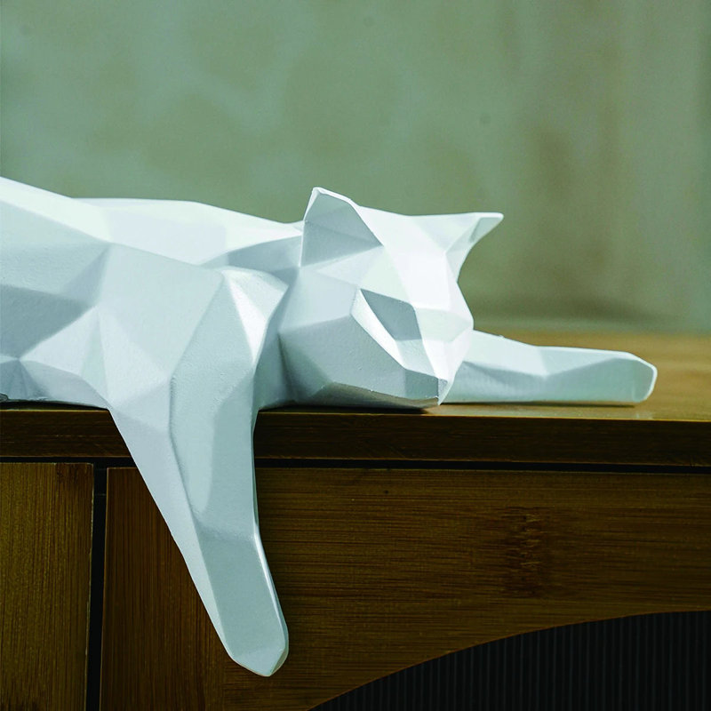 Geometric Lying Cat Figurine, White