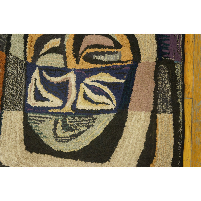Small Artistic Antique American Folk Art Hooked Textile Art Rug