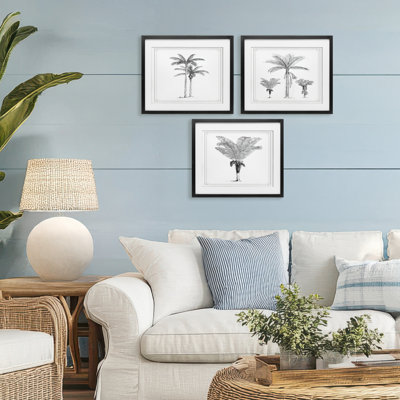 Minimal Vintage Palm Tree Sketches 3pc Framed Print Under Glass Set, design by Lettered and Lined