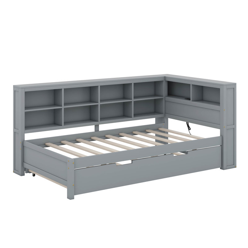 Twin Size Wooden Daybed With Storage Shelf,Trundle And USB Charging Ports, Gray