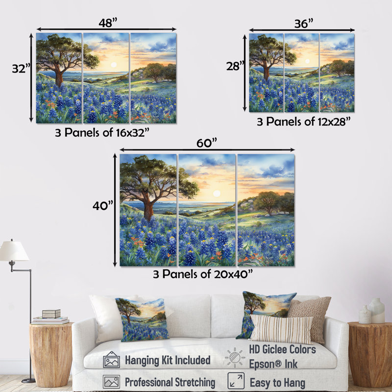 Gattilier - ensemble d'art mural Blue Bonnets, H 28 po x l 36 po x P 1 po, Toile tendue