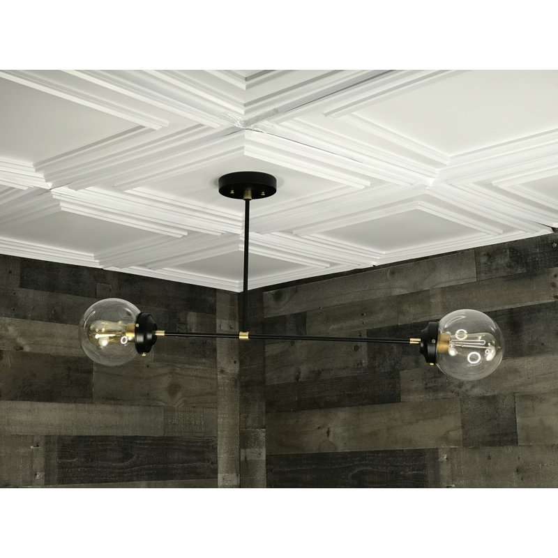 Plafonnier suspendu Mid-Century lustre 2 ampoules Shediac, Laiton noir, Transparent