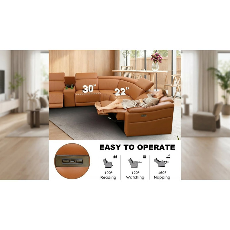 Ensemble de canapés inclinables électriques modernes en cuir véritable avec large siège - brun, Brun + dos lisse