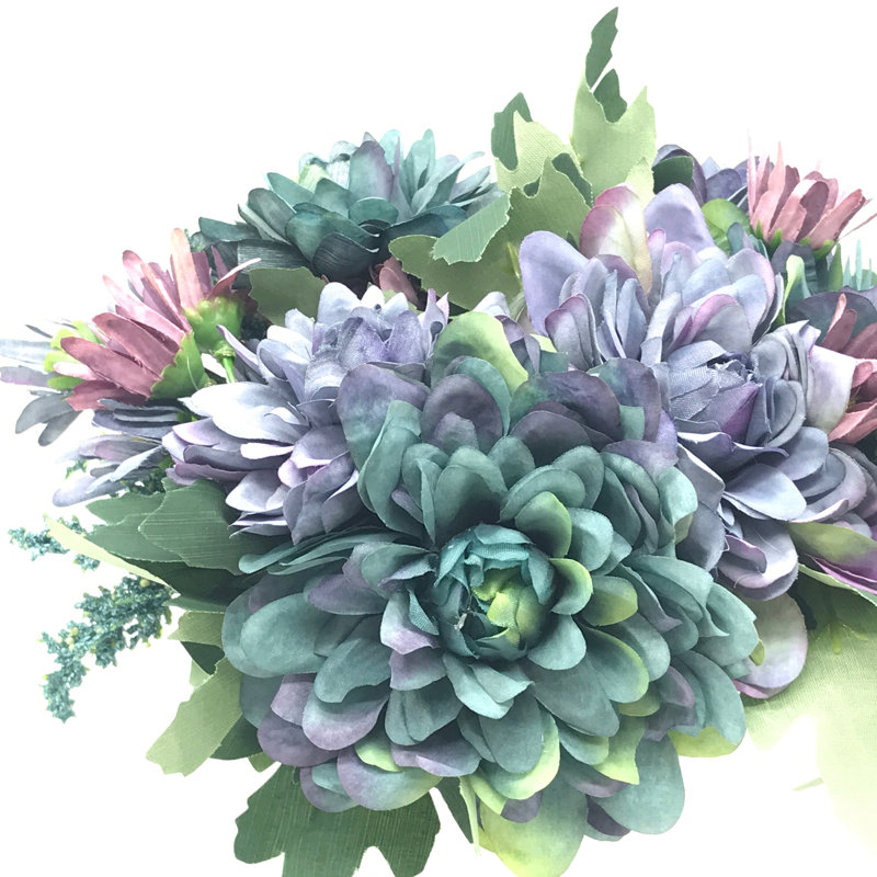 Blue and Purple Silk Flower Arrangement in White Ceramic Vase