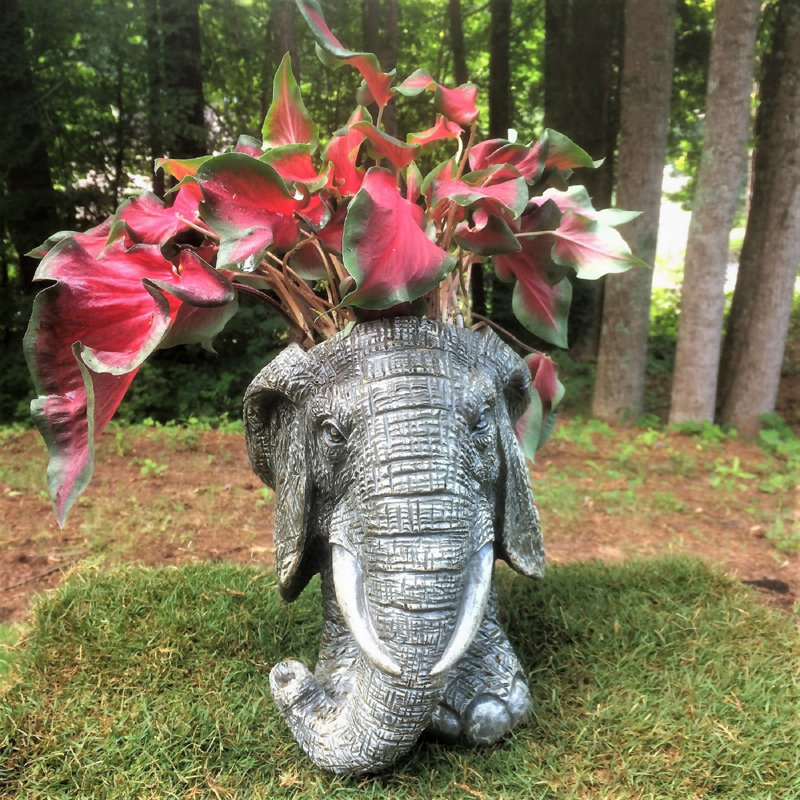 Muggly's Elephant Mascot Animal Statue Planter, 18" H x 10.5" W x 12" D, Gray Stone