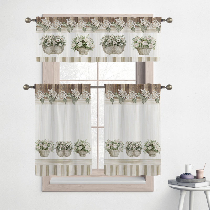 White Floral Basket Cotton Polyester Kitchen Tier Curtain Set