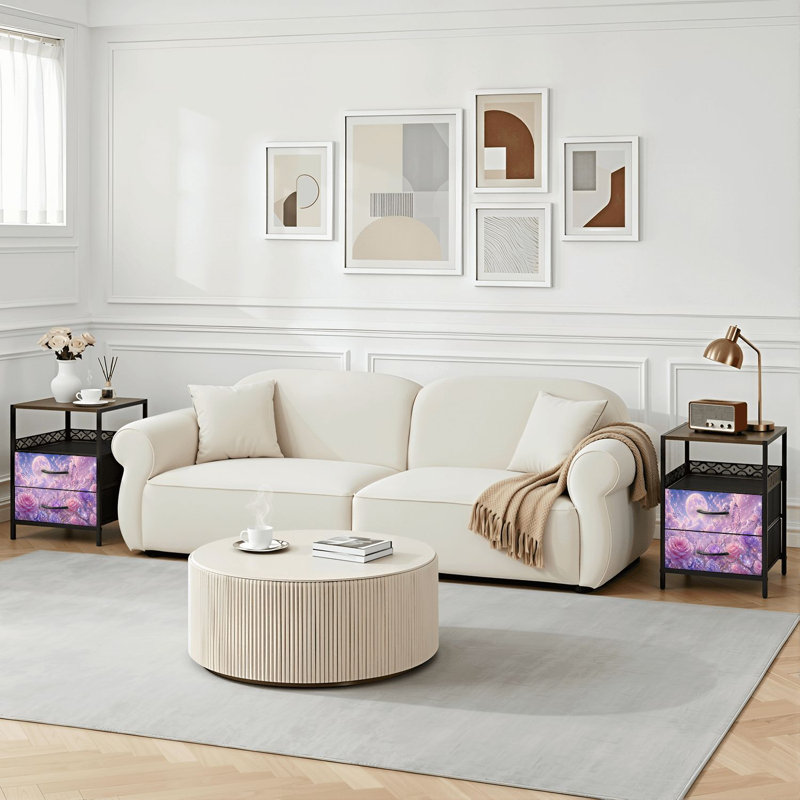 Table de chevet 2 tiroirs avec station de charge, table de chevet pour chambre avec ports USB et amp; Outlets, tablette ouverte noire, table de chevet avec fantaisie, papillons roses et roses sous la pleine lune