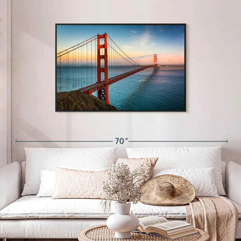 Golden Gate, lever de soleil sur l'océan, Cadre flottant noir, 43 po x 29 po