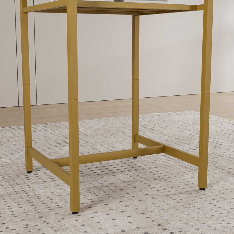 Table de bar, équipée de 2 tabourets de bar, avec dossier et cloison, Blanc, Blanc, Doré