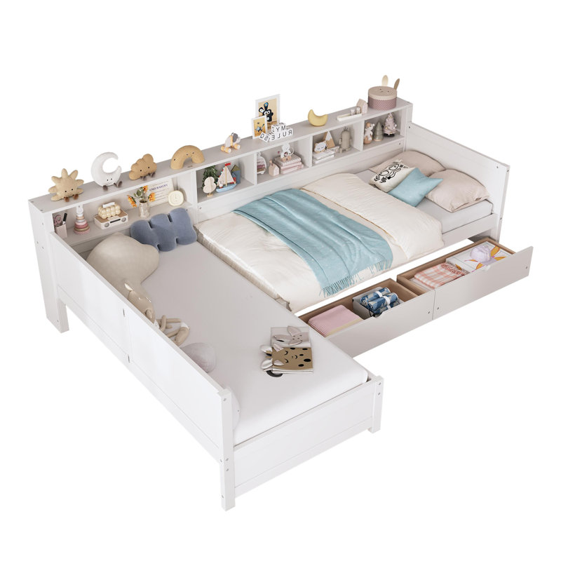 Twin Size Day Bed For 2, L- Shape Twin Size Bed Frame With Storage 3 Drawers, Wooden Corner Bed With Bookshelf, Corner Bed Frame For Bedroom, Living Room,White
