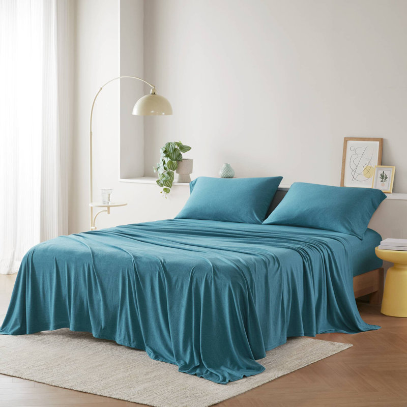  Ensemble de draps en tricot de coton toutes saisons, Ensemble de draps pour lit simple TG avec 1 taie d, Bleu sarcelle