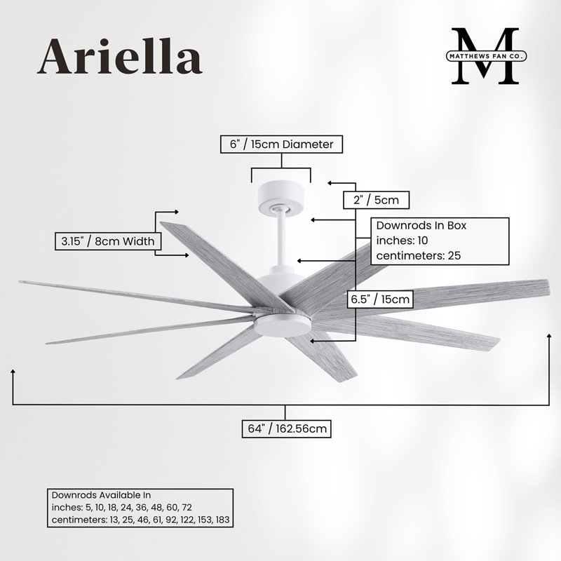 Ariella - Eight Blade Ceiling Fan - Brushed Brass Finish - Matte Black Blades, Matte White, Barn Wood Tone