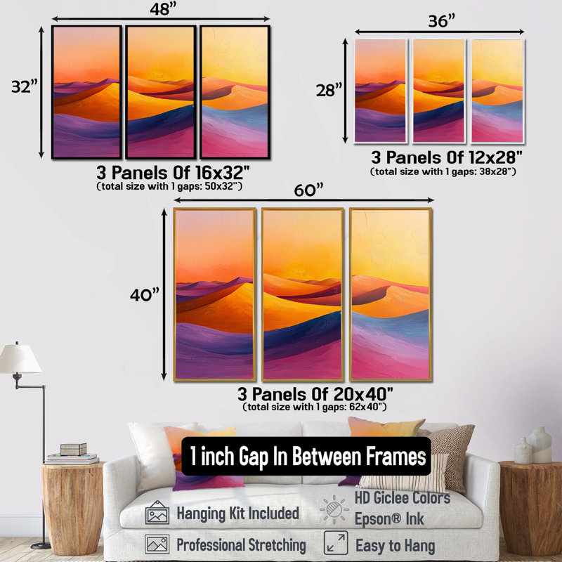 «Yellow Sunset In The Sahara - Desserts», ensemble de reproduction d'art mural, Toile avec cadre flottant noir