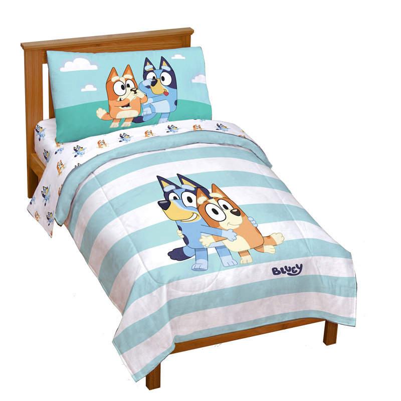 Blue and White Reversible Microfiber Toddler Bedding Set