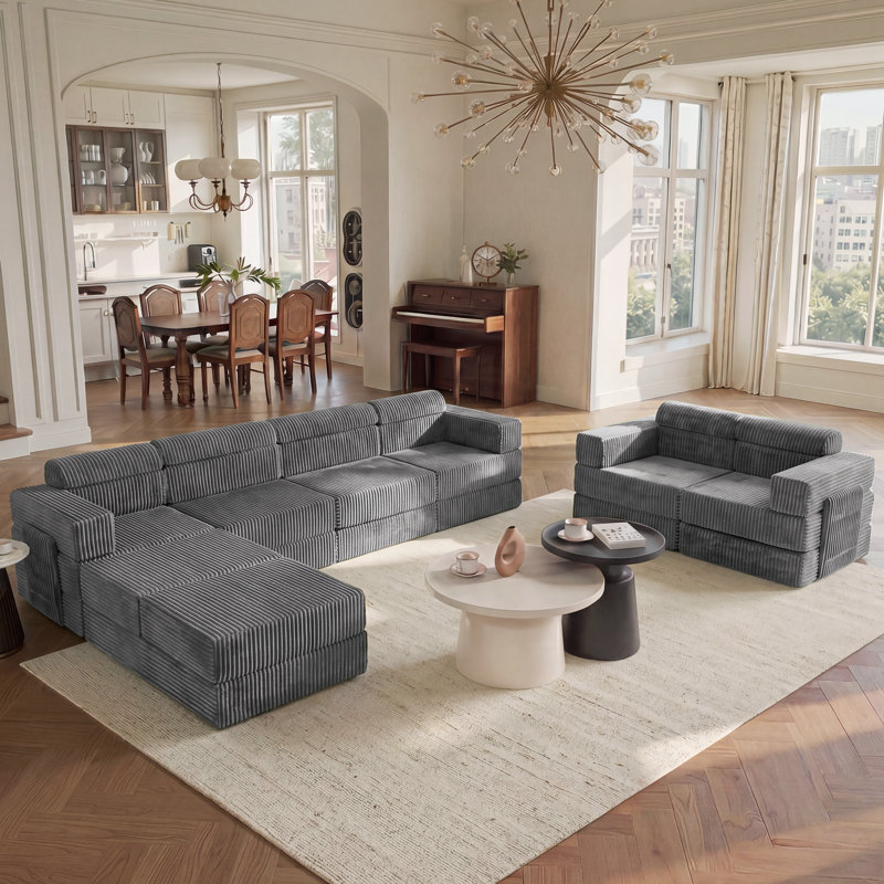 Sisler 8 Piece  141.6" Oversized  U Shape Upholstered  Corduroy Convertible Modular Compression Sofa with Storage Pockets, No Assembly Required
