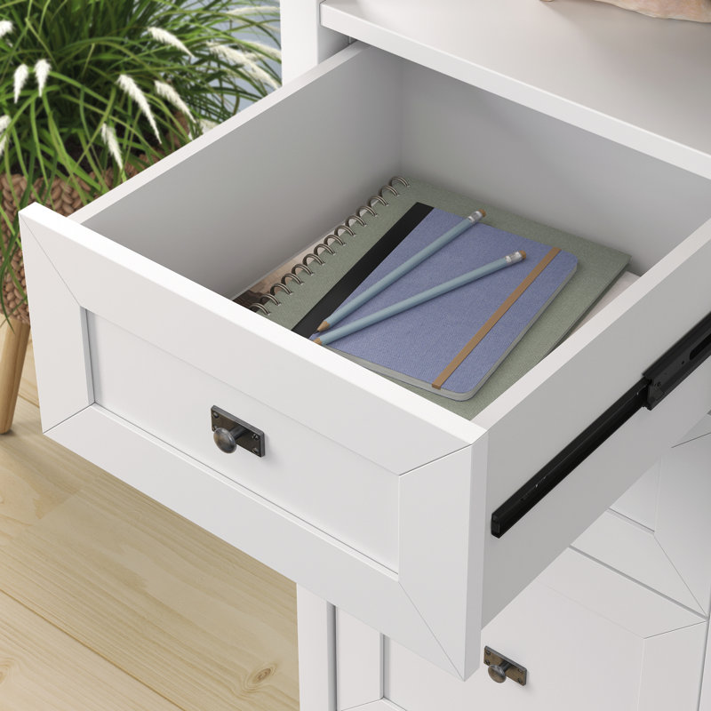 White Wood Credenza Desk with Drawer and Filing Cabinet