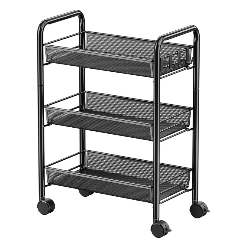 Black Metal 3-Tier Rolling Utility Storage Cart