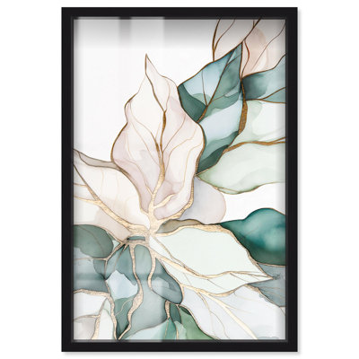 «Pastel Leaves with Gold II Shadowbox Print», art floral élégant par Art Remedy